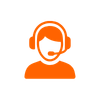 Orange icon of a customer service representative wearing a headset and tie.